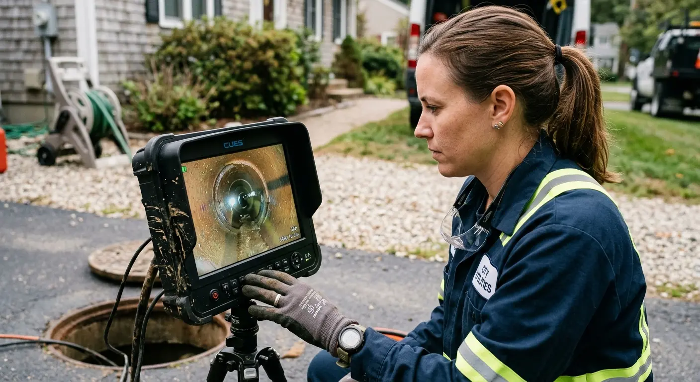 Technician reviewing sewer camera inspection footage in Lititz
