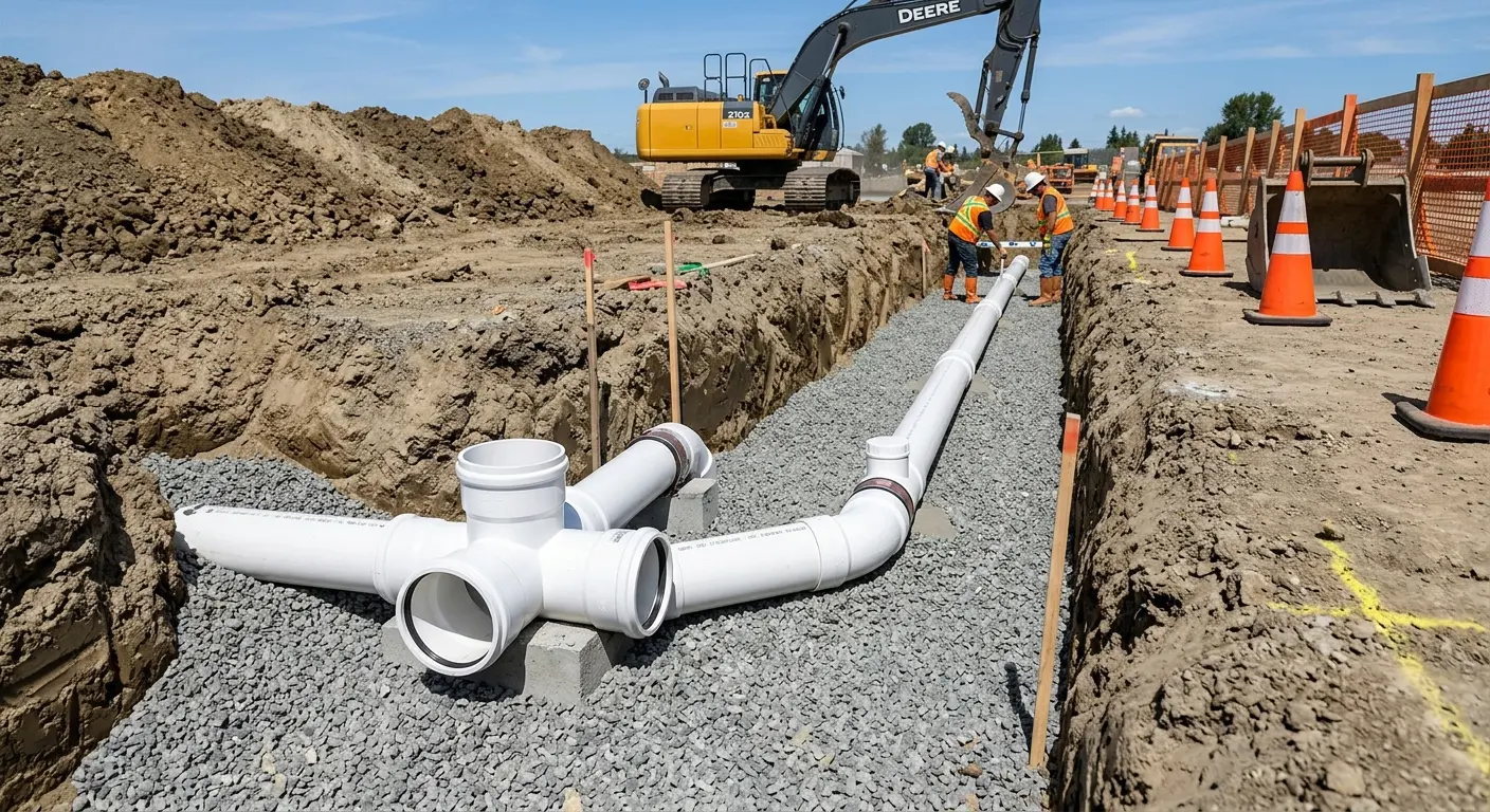 New PVC sewer pipe installation in open trench for Commercial Drain Cleaning in Lititz