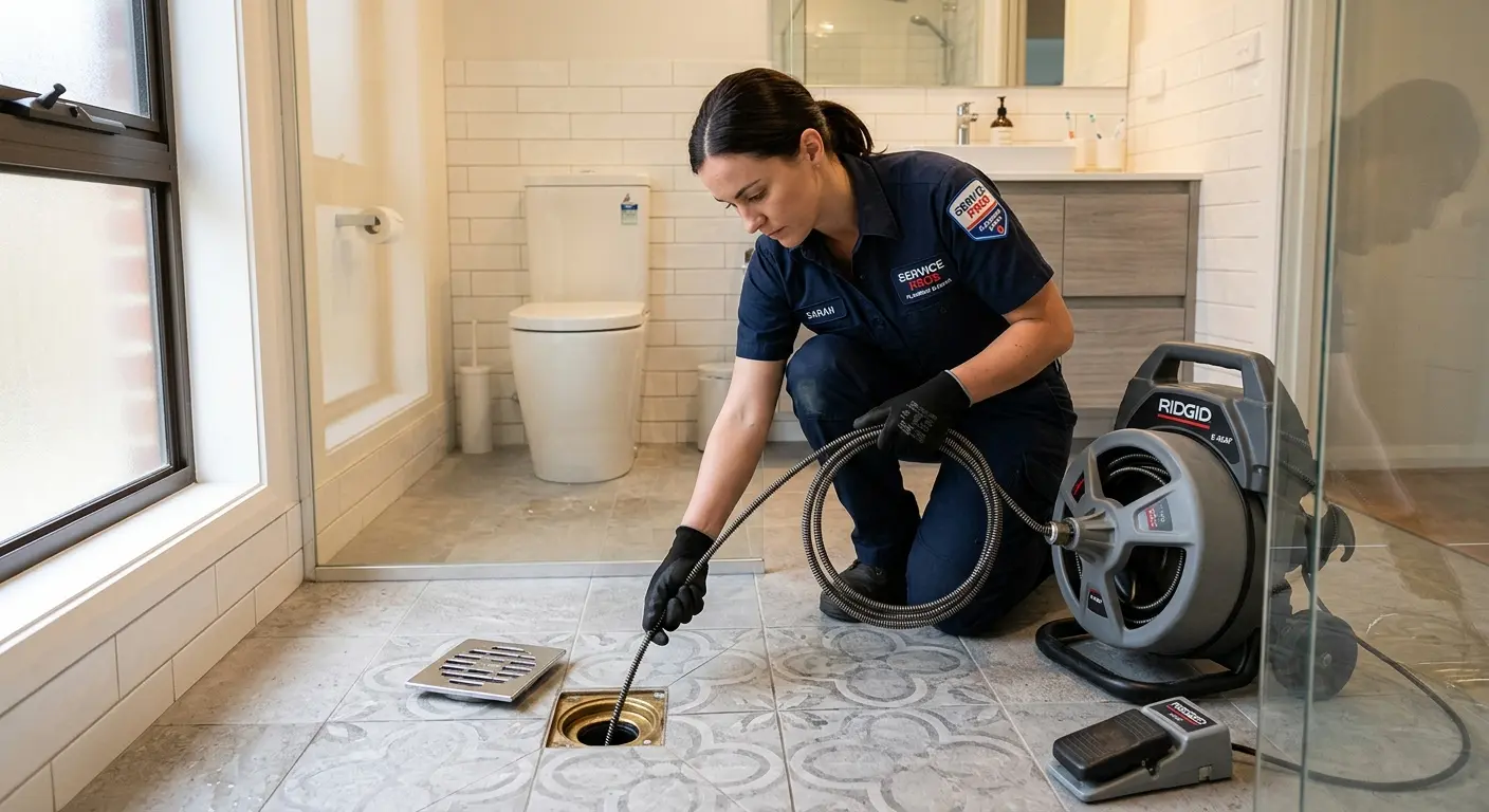 Technician clearing a bathroom floor drain for Drain Cleaning in Lititz
